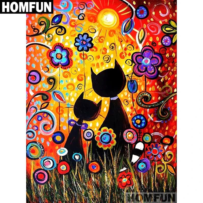 HOMFUN-pintura de diamante redondo/cuadrado completa, cuadro artesanal 5D, bordado de "gato y flor", punto de cruz, regalo de decoración del hogar 5D A01344