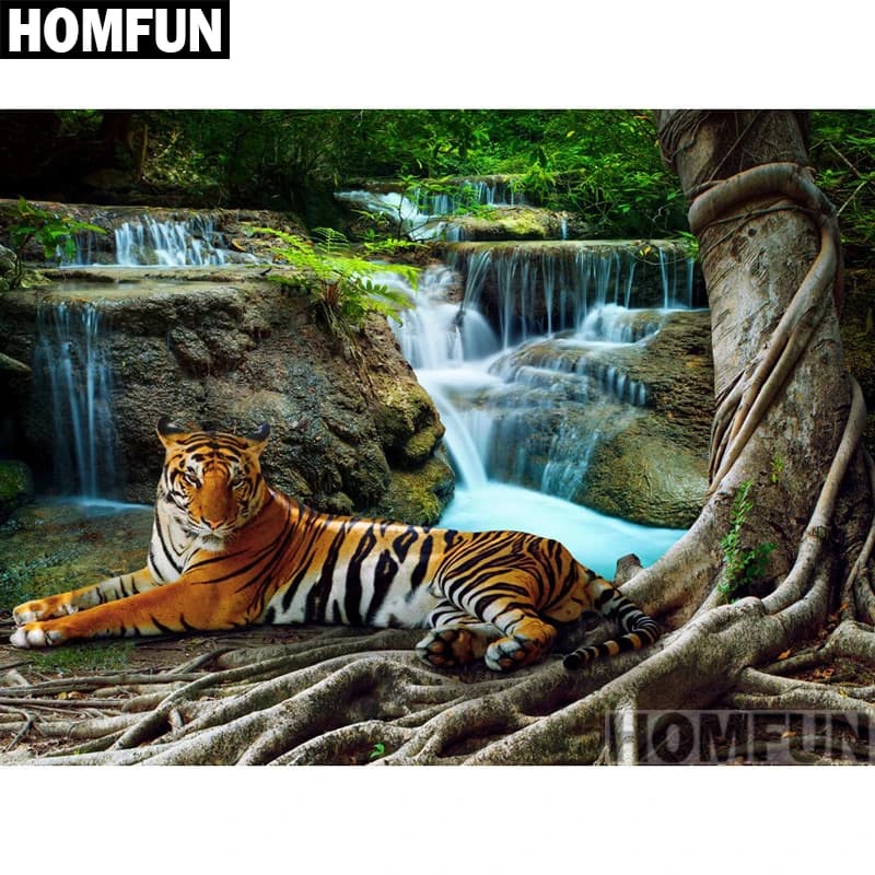 HOMFUN-pintura de diamantes cuadrados/redondos, patrón de tigre de cascada, bordado, punto de cruz, 5D, A01015