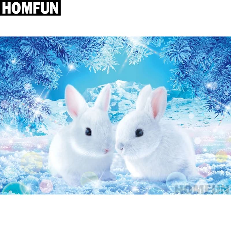 HOMFUN-pintura de diamante redondo/cuadrado completa, cuadro artesanal 5D, punto de cruz bordado de "Conejo de nieve", regalo de decoración del hogar 5D A01225