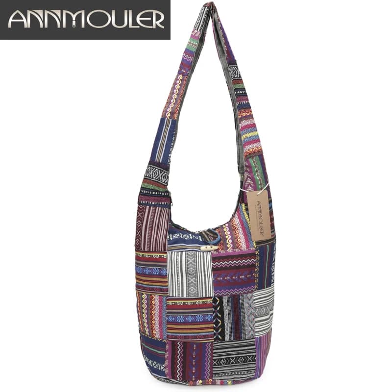 Annmouler-Bolso de hombro grande de algodón para mujer, Vintage de retales bandolera, bolso Hobo con cremallera y hebilla