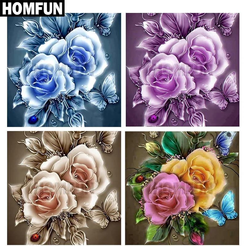 HOMFUN-Pintura de diamante redondo/cuadrado, pintura de diamante artesanal 5D, punto de cruz bordado de "Rosa y mariposa", decoración de diamantes de imitación, A00356