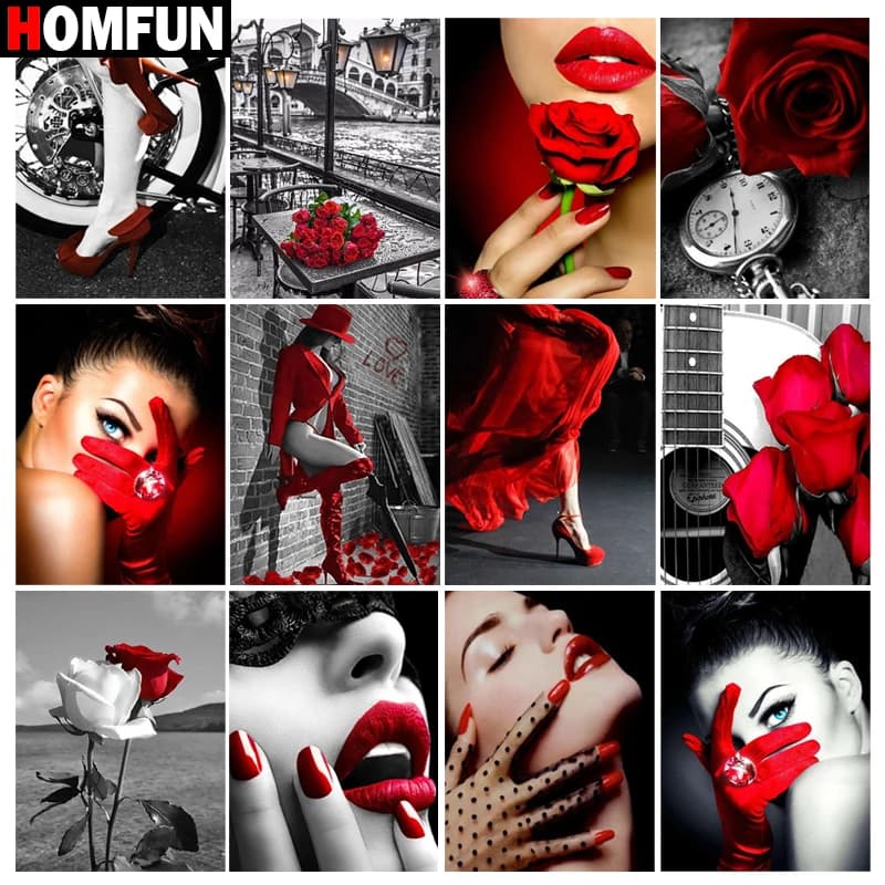 HOMFUN-pintura de diamante artesanal "personaje mujer rojo", bordado de diamantes redondos y cuadrados, decoración de punto de cruz 5D para el hogar