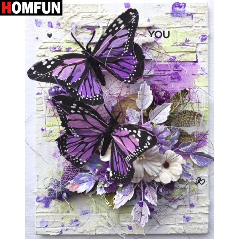 HOMFUN-pintura de diamante redondo/cuadrado completa, cuadro artesanal 5D, "Animal mariposa", bordado de diamantes 3D, punto de cruz, regalo de decoración del hogar