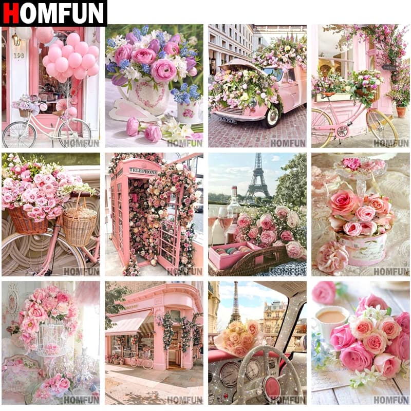 HOMFUN-pintura de diamante redondo/cuadrado completa, bricolaje 5D, "torre de coche de flor rosa", bordado de diamantes de imitación, decoración de punto de cruz