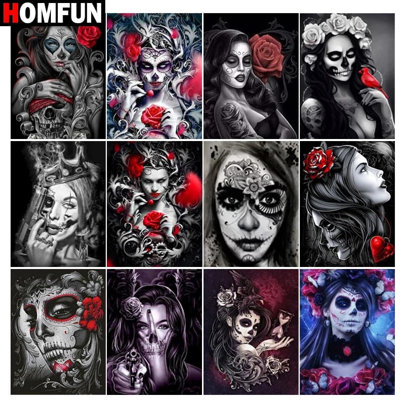 HOMFUN-pintura de diamante 5D Diy "calavera flor huesos cruzados", bordado de diamantes redondos/cuadrados, punto de cruz, decoración del hogar