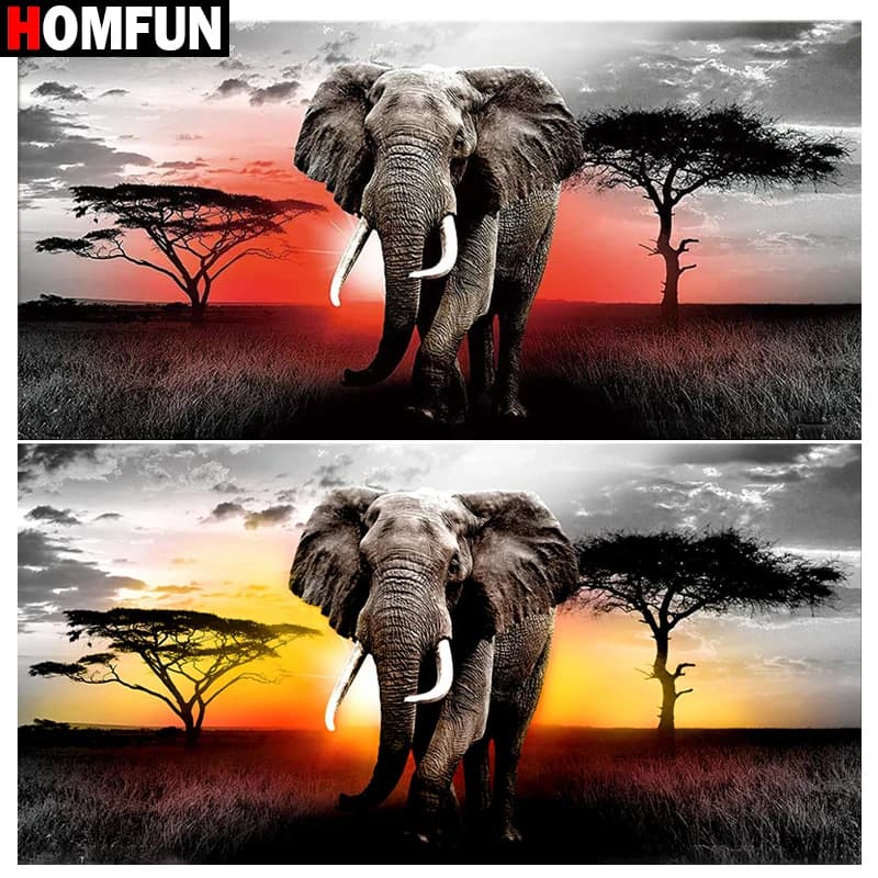 HOMFUN-pintura de diamante 3D "Animal elefante puesta de sol", Kits de punto de cruz con diamantes de imitación completos, bordado de diamantes redondos y cuadrados