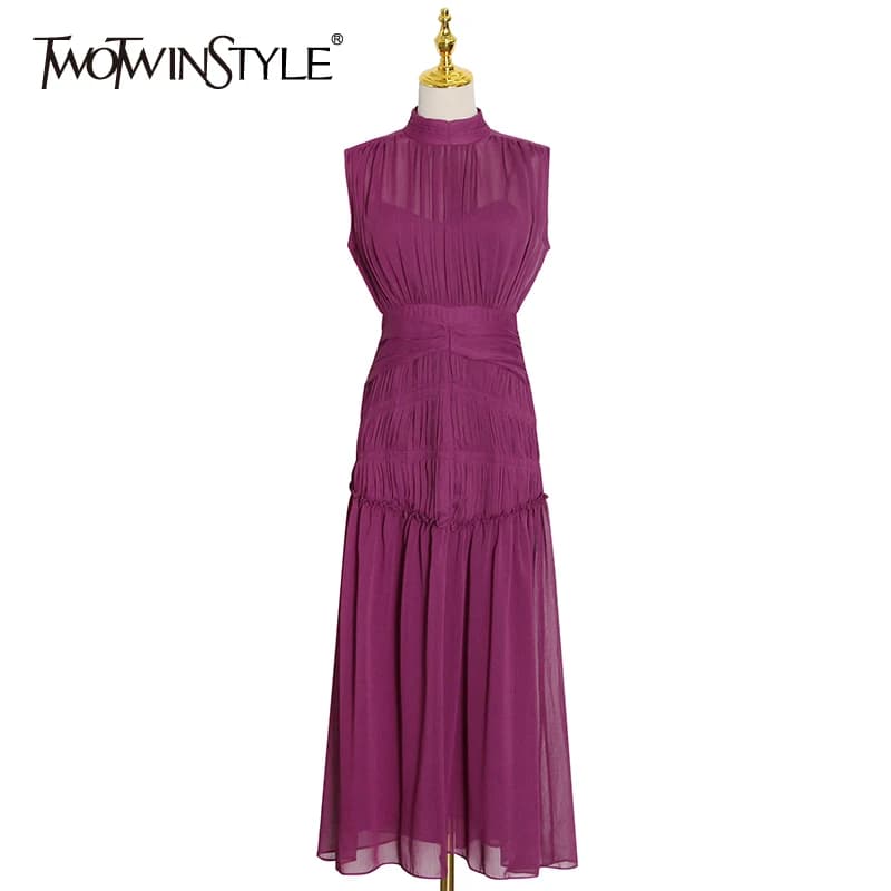 TWOTWINSTYLE-vestido fruncido Vintage para mujer, vestidos Midi de gasa de cintura alta sin mangas, cuello levantado, moda 2022