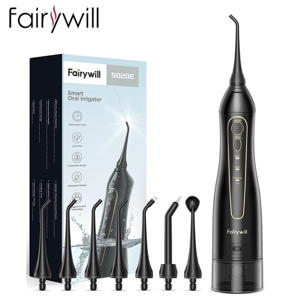 Fairywill-irrigador bucal para dientes, irrigador Dental portátil recargable, 3 modos, tanque de agua, limpiador de dientes impermeable, 300ML