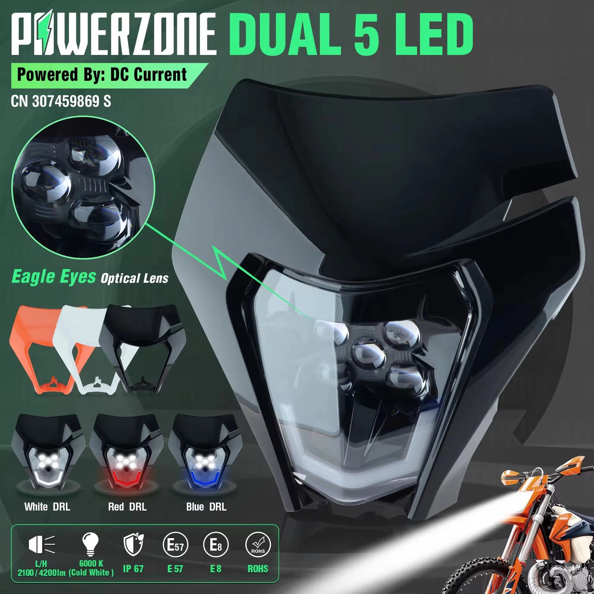 PowerZone faro delantero de motocicleta Supermoto carenado para KTM EXC SXF MX Dirt Bike Enduro faro negro