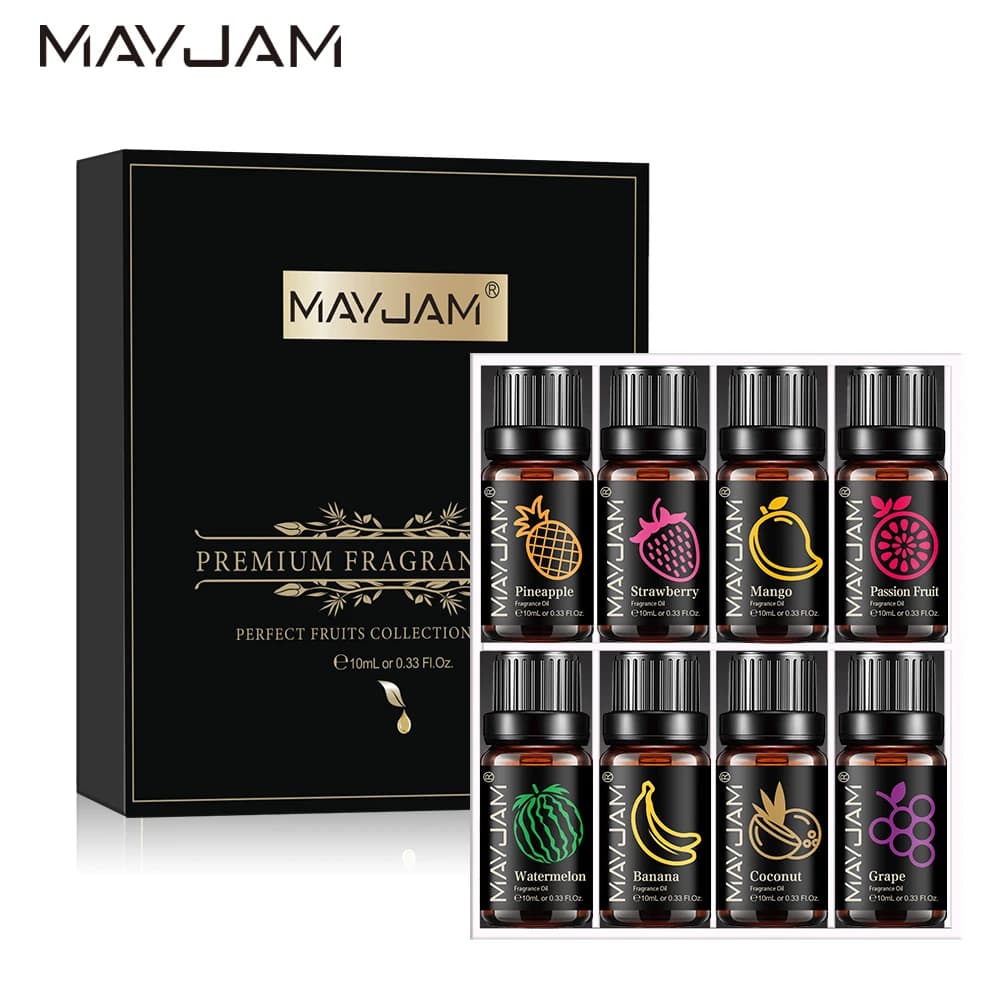 Caja de regalo de 8 piezas, juego de aceites aromáticos para fragancias de frutas, velas, jabón, sandía, Mango, plátano, coco, uva, fresa, piña