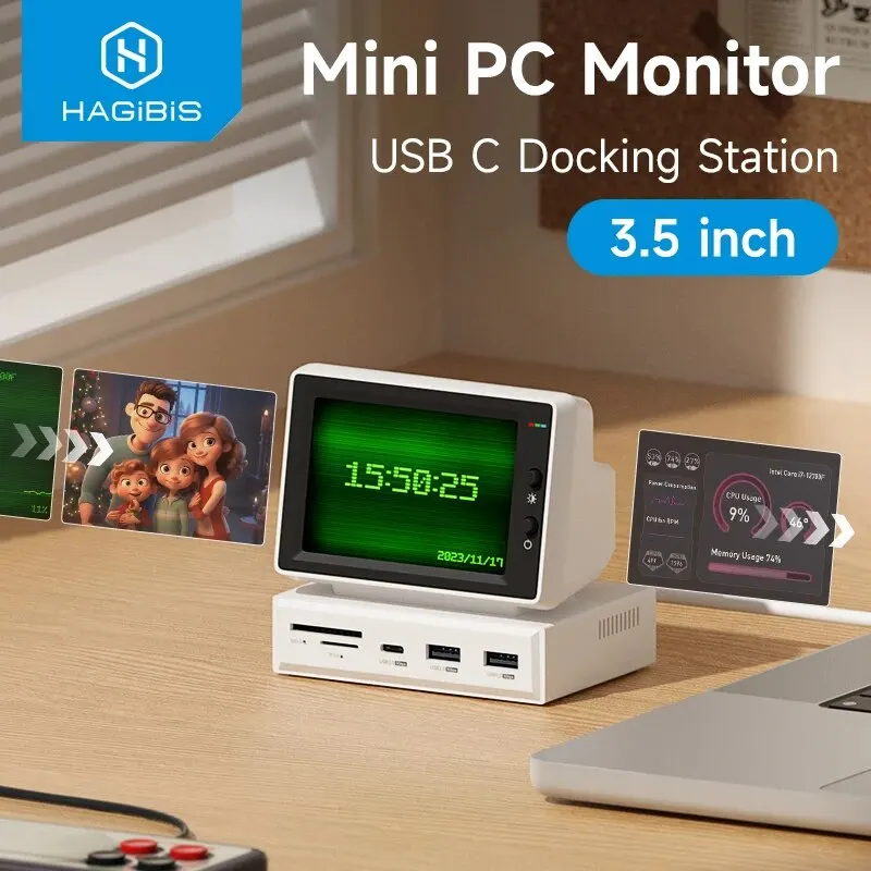 Hagibis Mini pantalla IPS de 3,5 pulgadas AIDA64 Mini PC CPU RAM HDD Monitor de datos pantalla secundaria con concentrador USB C para ordenador portátil MacBook