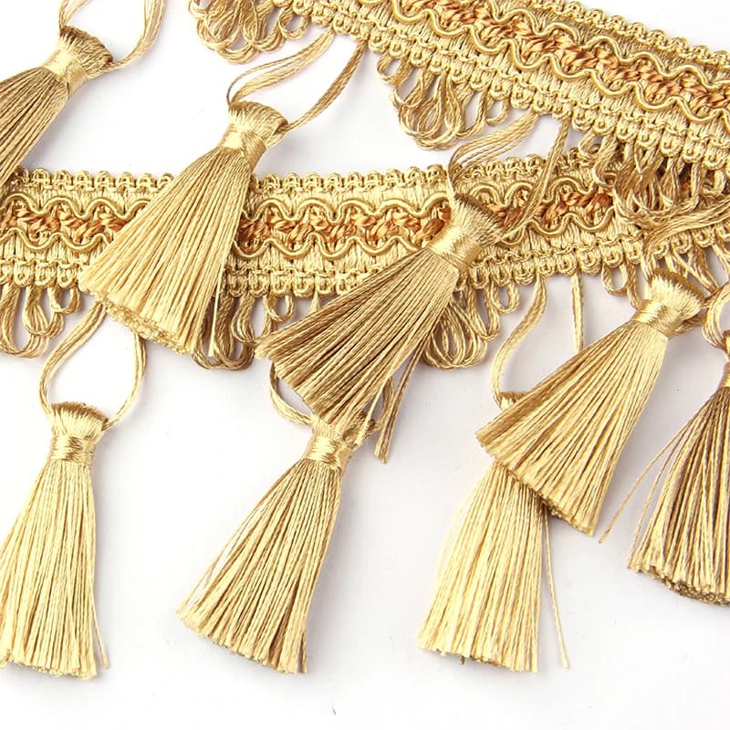 Flecos de encaje con borlas doradas largas, accesorios para el hogar, hilo de cortina decorativo, correas de tela DIY, borlas de algodón