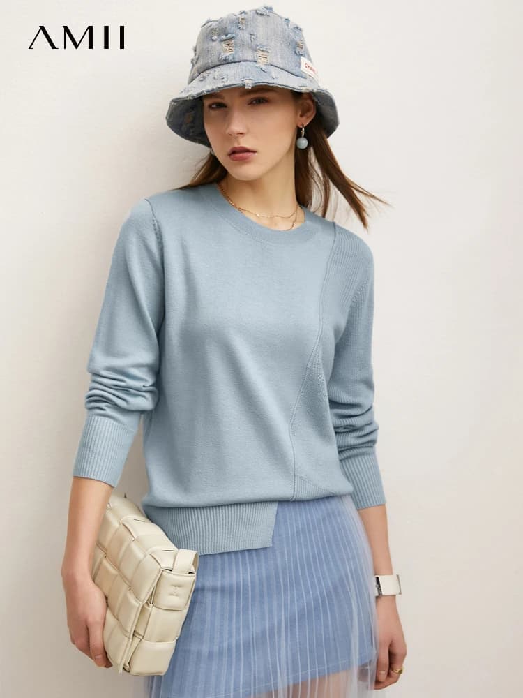 Suéter Minimalista Amii para Mujer, Otoño-Invierno 2026, Nuevo Modelo Sólido de Tendencia, Parte Inferior Asimétrica, Suéter Elegante, 12241403