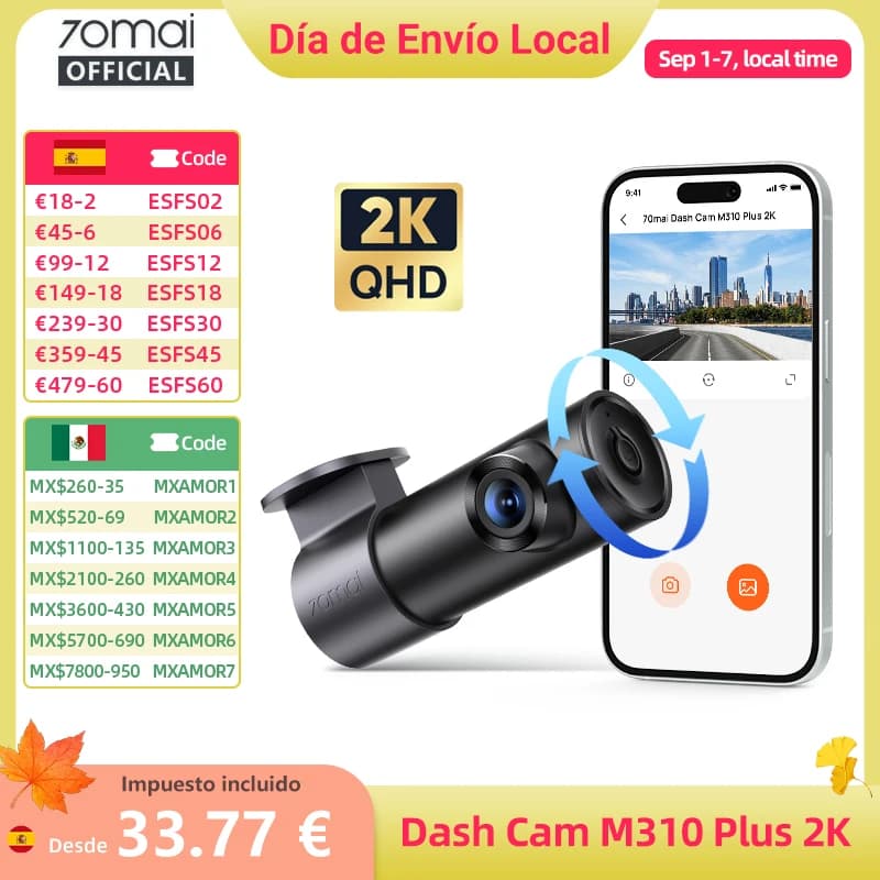 Cámara para Auto 70mai M310 Plus 2K, Imagen 1440P, Visión Nocturna Mejorada, Apertura f/1.55, Modo de Estacionamiento 24H, Control por Voz Inteligente