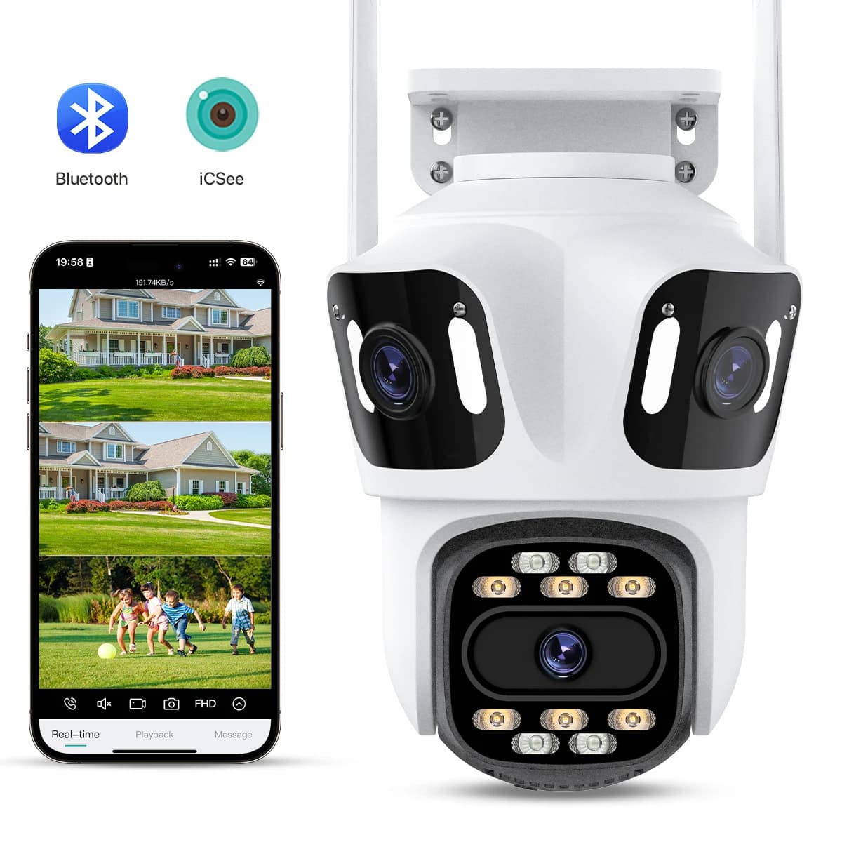 Cámara IP PTZ de tres lentes para exteriores, cámara de seguridad WiFi HD de tres pantallas, seguimiento automático, cámara CCTV inalámbrica de doble lente iCsee