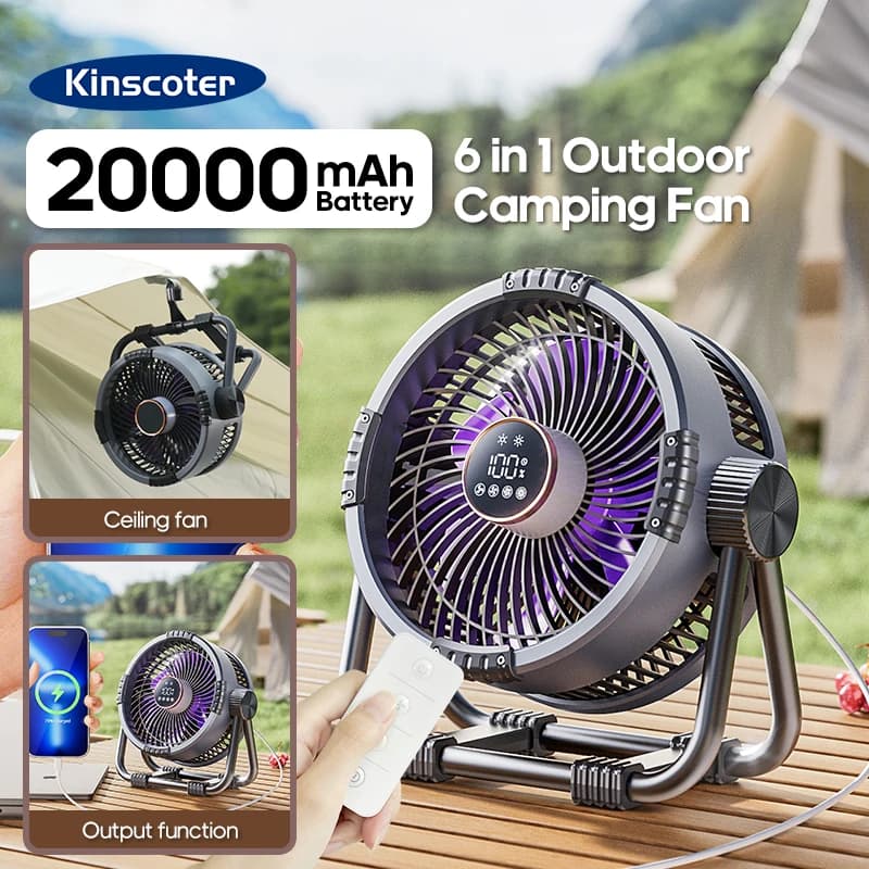 Ventilador de Camping Portátil 6 en 1, 20000mAh Recargable, Inalámbrico, para Techo de Carpa, 4 Velocidades, Iluminación LED, Banco de Energía