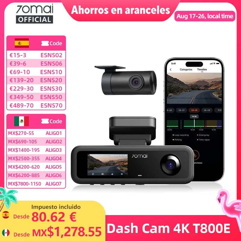 Cámara para Auto 70mai T800E de 3 Canales, 4K HDR, Apertura F1.55, Supercondensador, Control por Voz, GPS, DVR para Auto, 70mai T800E WiFi 6 5GHz