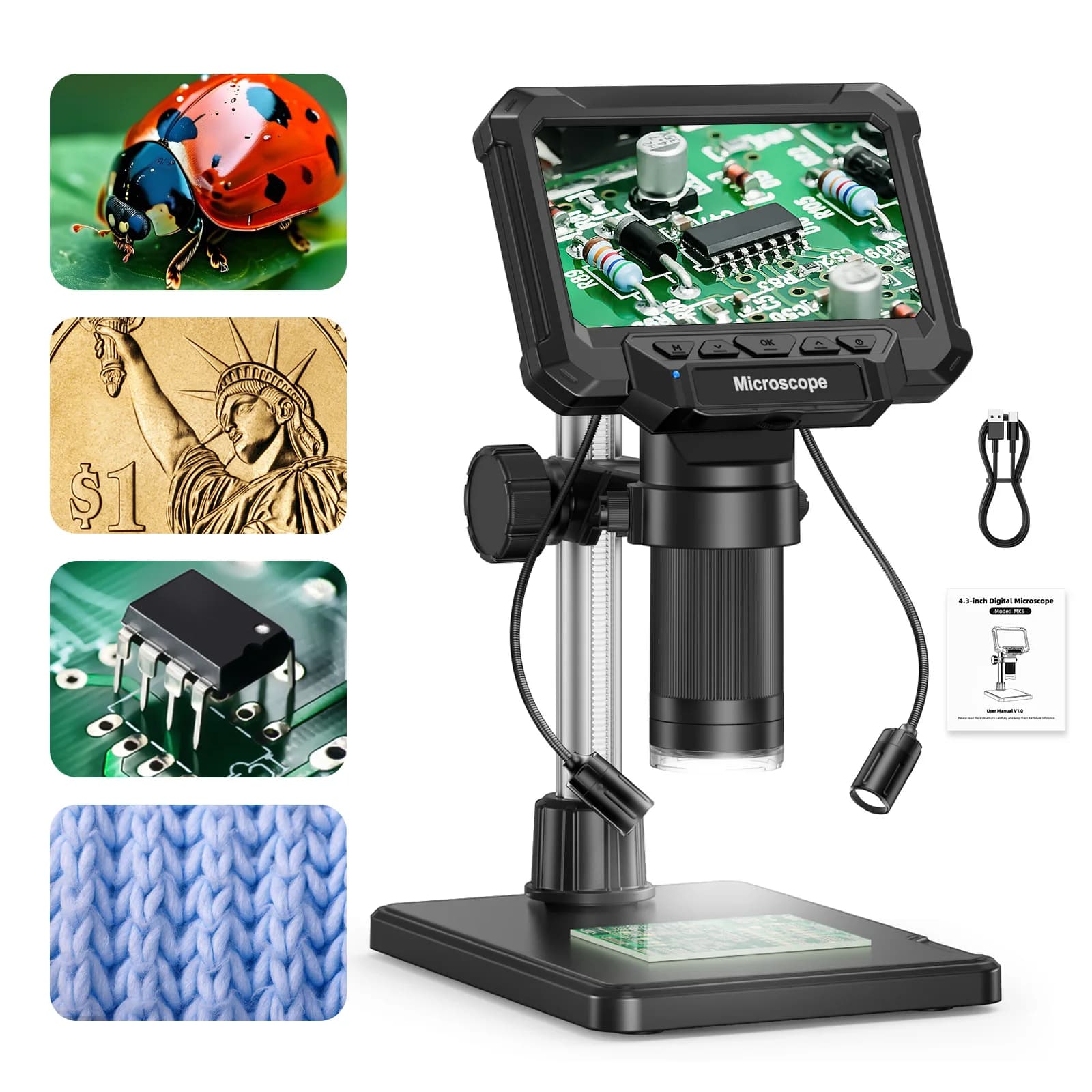 Microscopio digital con pantalla IPS de 4,3 pulgadas, mirooscopio de monedas 1600X con luces, microscopio de vídeo HD 1920P para PCB, monedas y plantas
