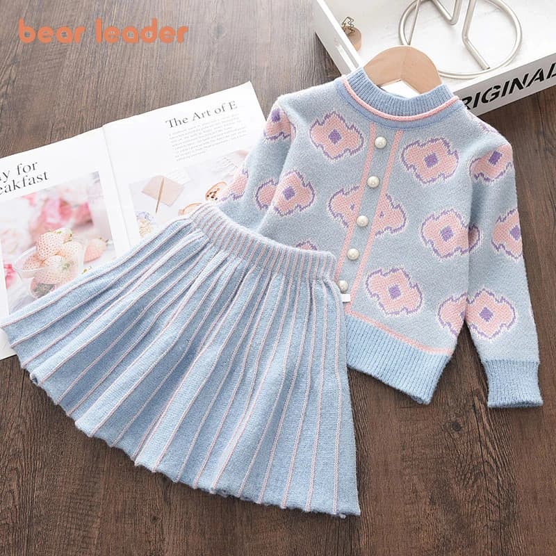 Conjuntos de Ropa de Invierno Tejida para Niñas Bear Leader 2026, Suéteres de Dibujos Animados, Blusas con Volantes, Faldas, Conjuntos de Ropa para Niños