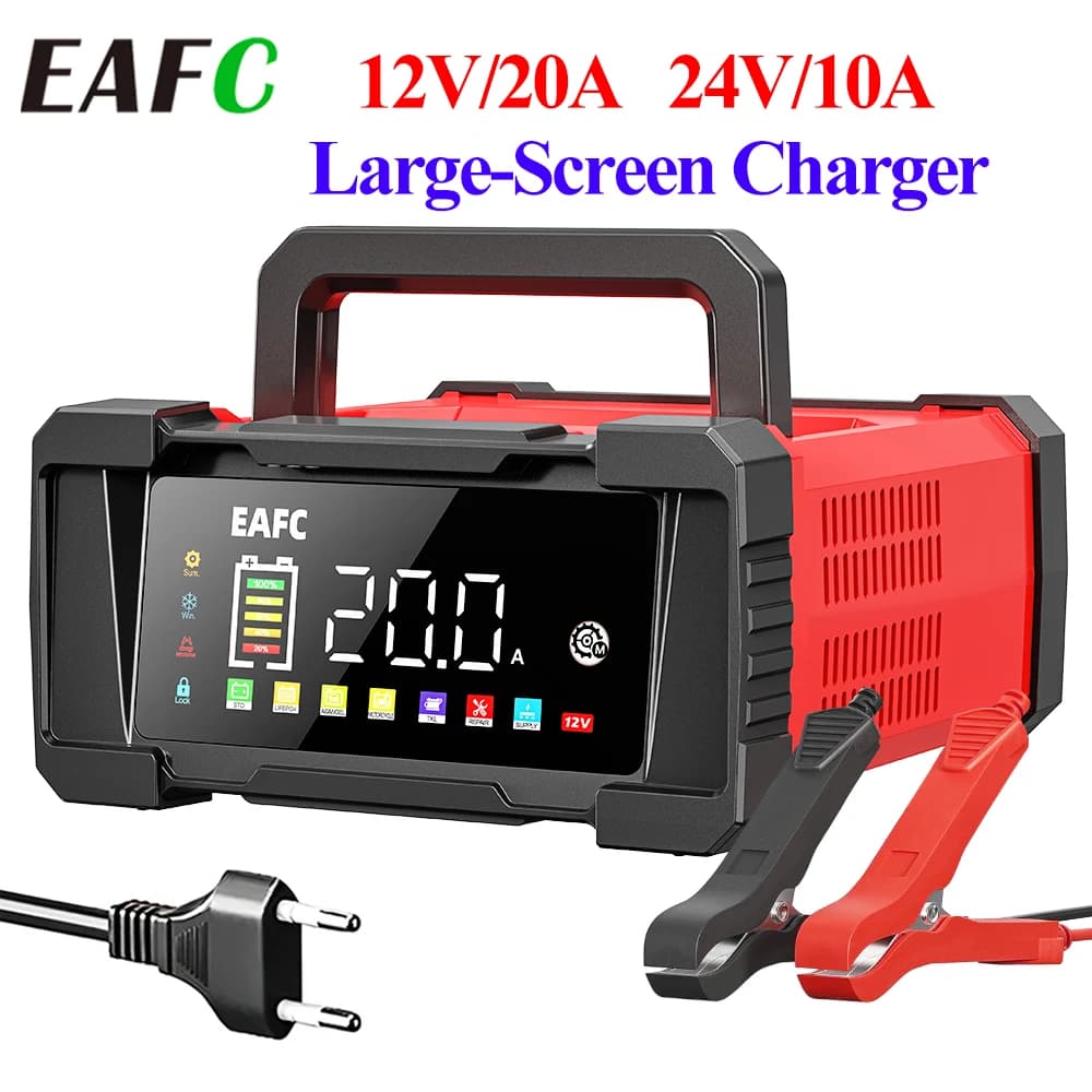 Cargador de Batería para Auto EAFC 12V/24 20A/10A Mejorado, Completamente Automático, 7 Etapas de Carga para Baterías de Gel, AGM, LiFePO4, etc.