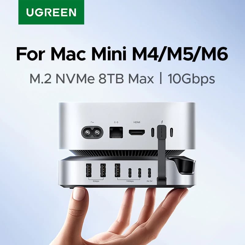 Estación de Acoplamiento USB UGREEN para Mac Mini M4/M5/M6, SSD NVMe M.2 de 8TB, Máx. 10Gbps, Puertos USB-A y C, SD y TF 170MB/s, Divisor USB