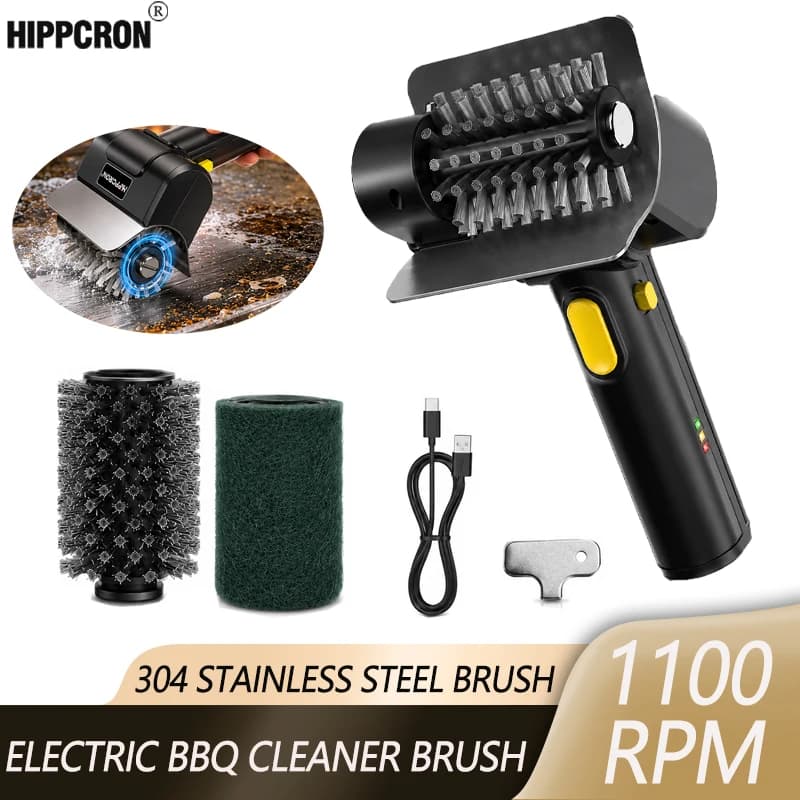 Cepillo eléctrico recargable para parrilla Hippcron, 1100 RPM, herramientas de limpieza para barbacoa de acero inoxidable 304, mango ergonómico antideslizante