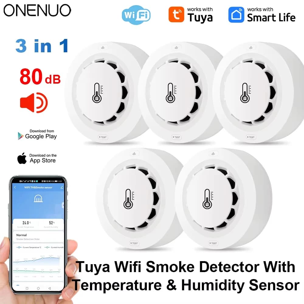 Tuya Wifi BT Detector de humo de dos conexiones dispositivo de medición de temperatura humedad 80dB alarma de sonido función de alerta de empuje remoto