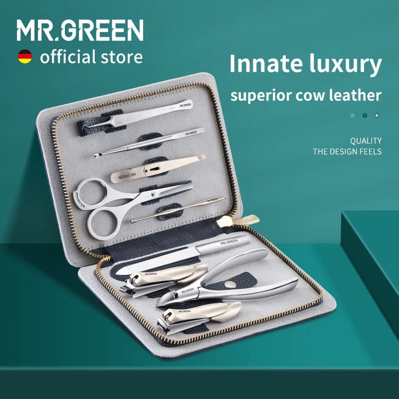 MR.GREEN Innate-Juego de manicura de lujo, tijeras de grado quirúrgico, cortaúñas de acero inoxidable, paquete de cuero de vaca de grano completo para pedicura