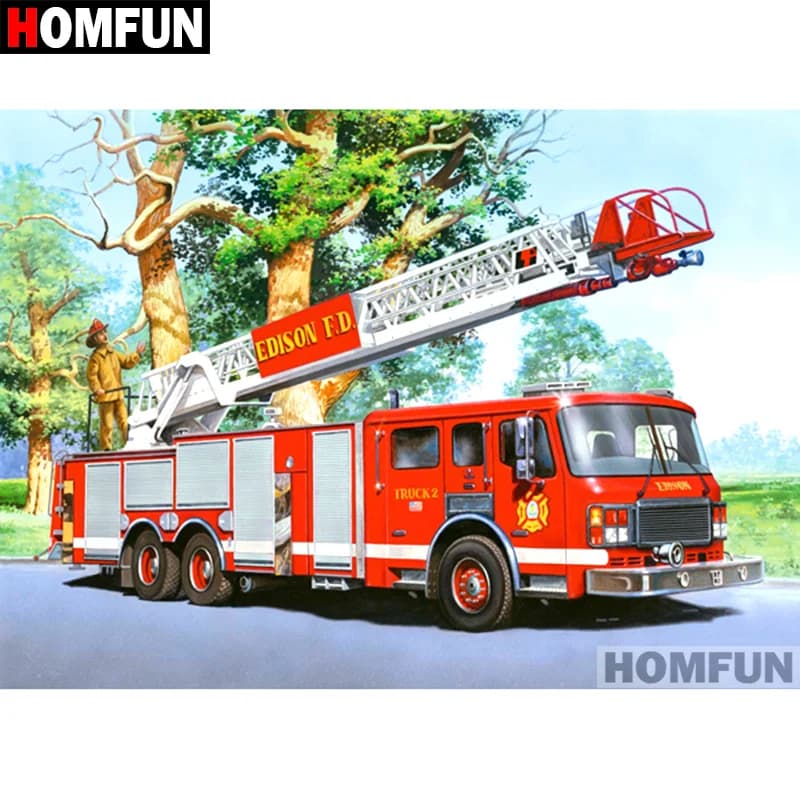 HOMFUN-pintura de diamante redondo/cuadrado completa, cuadro artesanal 5D, bordado de "camión de bomberos", punto de cruz, regalo de decoración del hogar 5D A07251