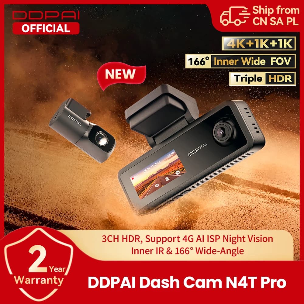 【Nuevo】Cámara para Auto DDPAI N4T Pro, 3 Canales HDR 4K+1080P+1080P, Visión Nocturna Delantera, Trasera e Interior, ADAS, DVR, Compatible con Monitoreo de Estacionamiento 4G