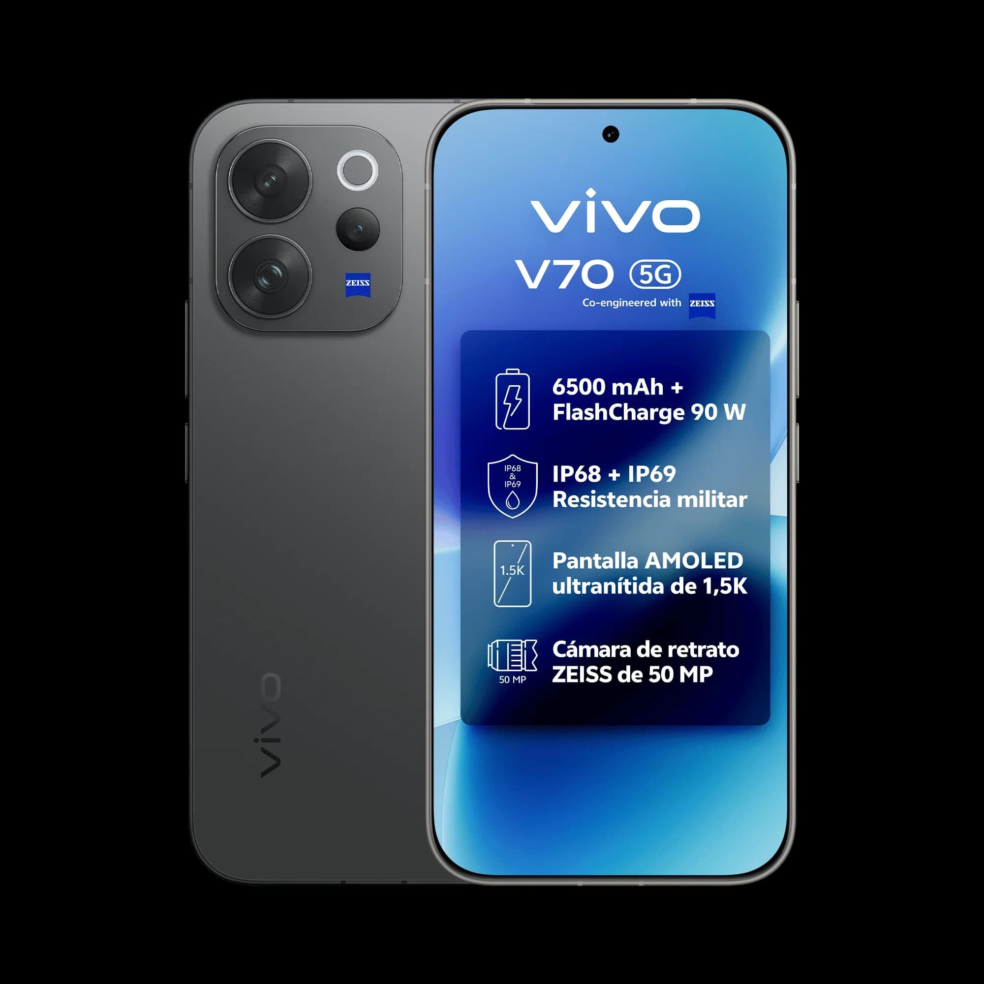 Teléfono – vivo V70 5G Smartphone, 12GB+512GB, Nergo, Versión Española, Sistema de Cámara ZEISS Triple 50MP, Batería 6500mAh y Carga 90W, Pantalla 1.5K AMOLED 120Hz de 6.59", IP68/IP69, Snapdragon® 7 Gen 4, 12GB RAM, Android 16