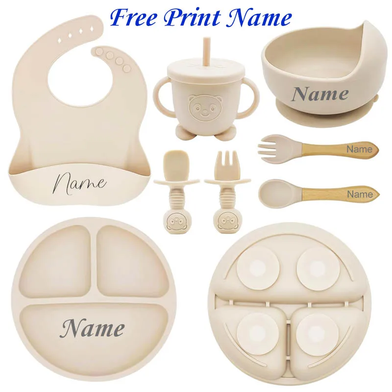Juego de alimentación de bebé con nombre personalizado, plato de silicona para niños, tazón, taza de paja, vajilla personalizada para niños, suministros para bebés, regalo para recién nacidos