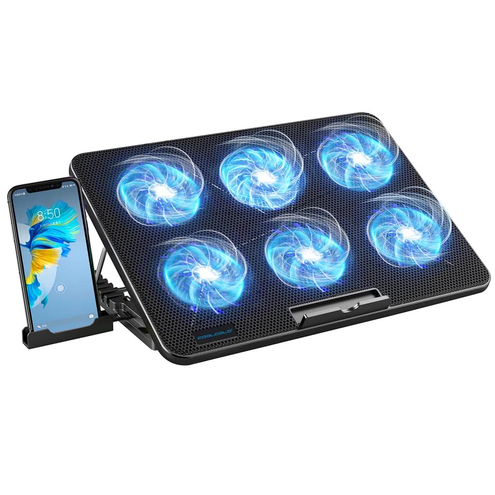 Coolcold Base de Refrigeración para Portátil de 15.6-17.3 Pulgadas con 6 Ventiladores Silenciosos, 7 Niveles de Velocidad de Viento Ajustables, Enfriador para Portátil con Soporte para Teléfono Móvil