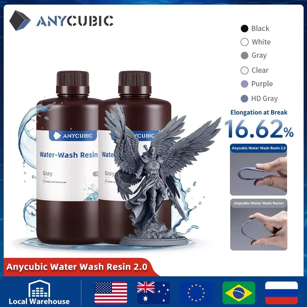 ANYCUBIC 2 unids/lote 405nm resina lavable con agua para impresora LCD 3D resina fotopolímero líquido Material de impresión 3D 1 kg/botella