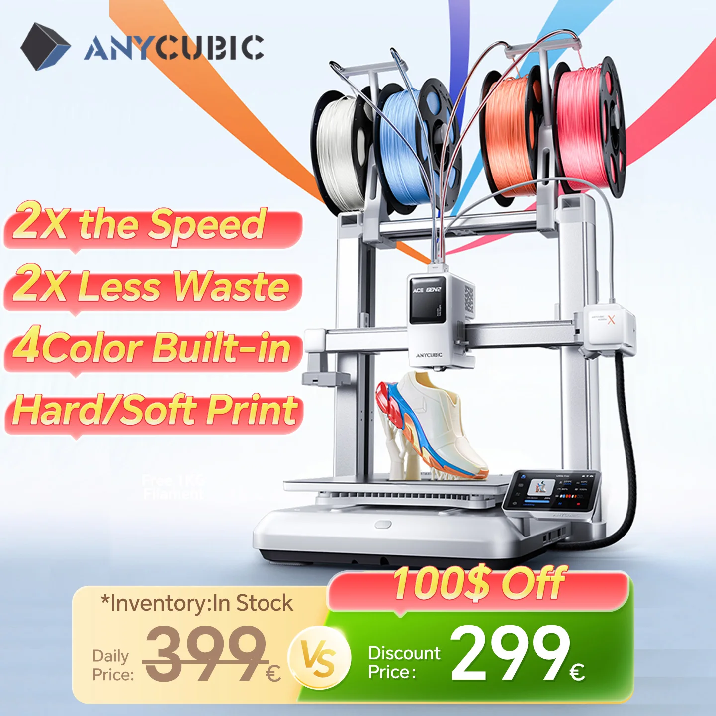 Impresora 3D ANYCUBIC Kobra X con velocidad máxima de impresión de 600 mm/s, 2 veces más de ahorro de tiempo y material, hasta 19 colores de impresión, detección por IA.