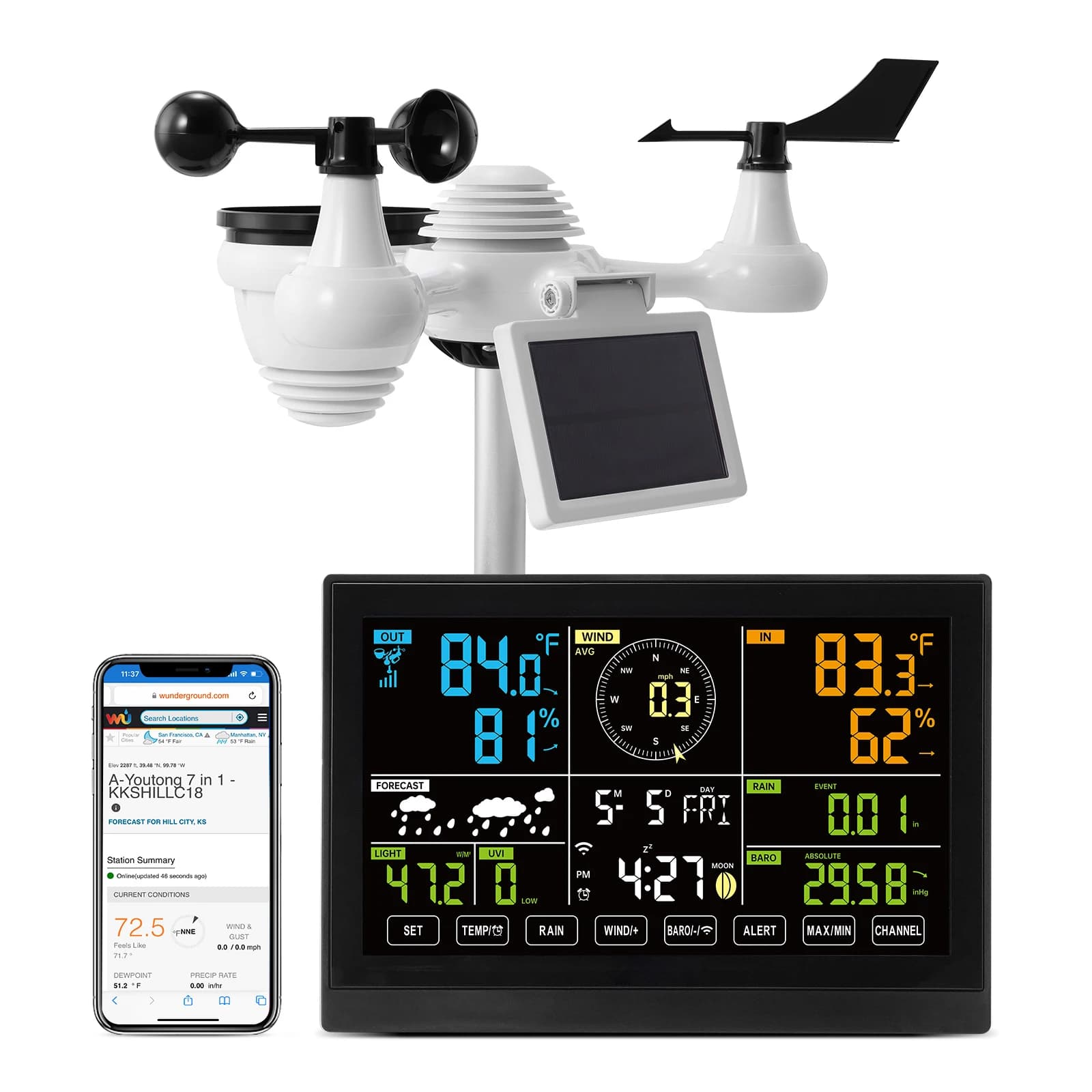 Estación Meteorológica Wi-Fi 7 en 1 SucceBuy con Pantalla a Color de 7.5 Pulgadas + Sensor Inalámbrico Solar para Exteriores con Alertas de Temperatura y Humedad