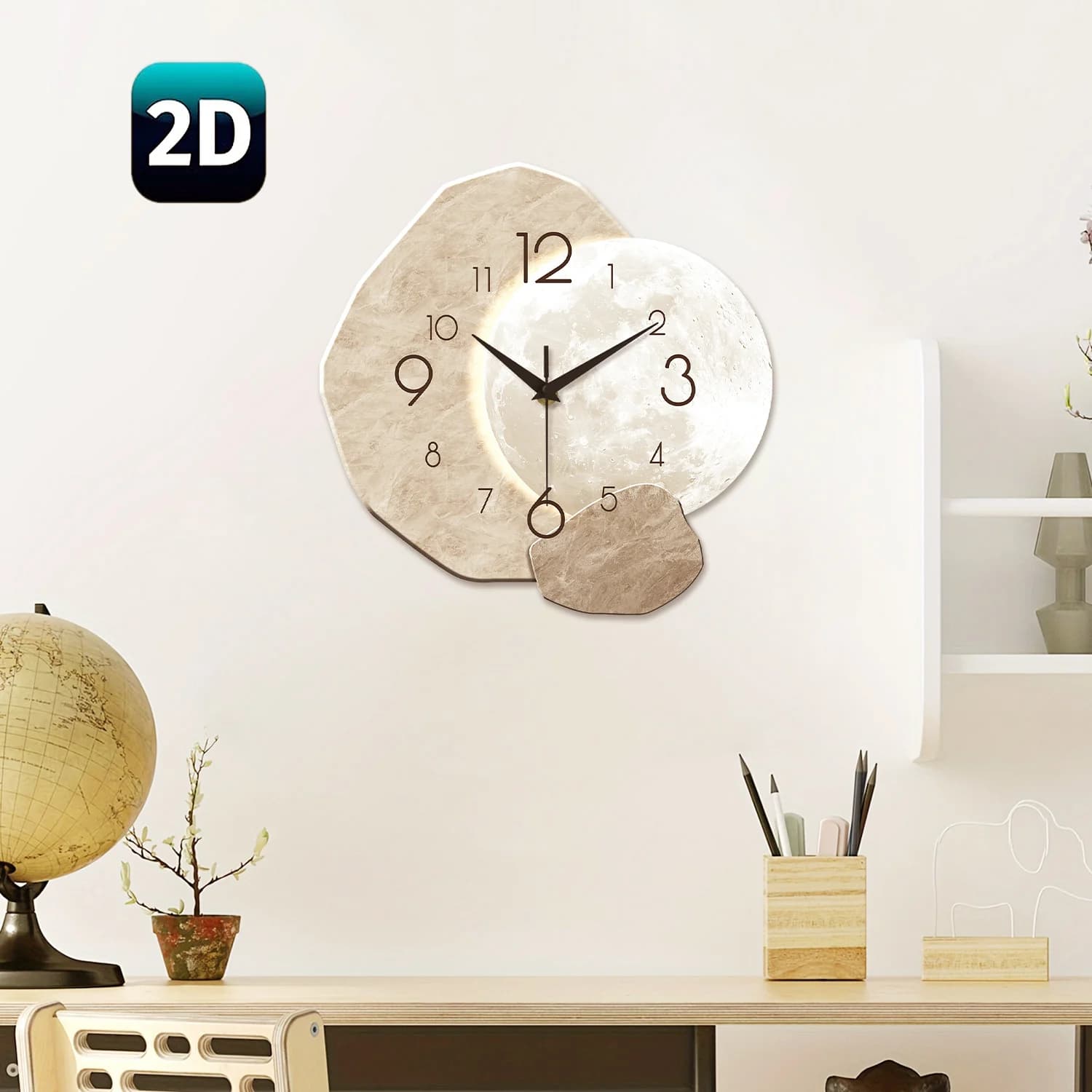 Reloj de pared silencioso y moderno, diseño de luna, movimiento de cuarzo, material de madera, para decoración de dormitorio, sala de estar o oficina