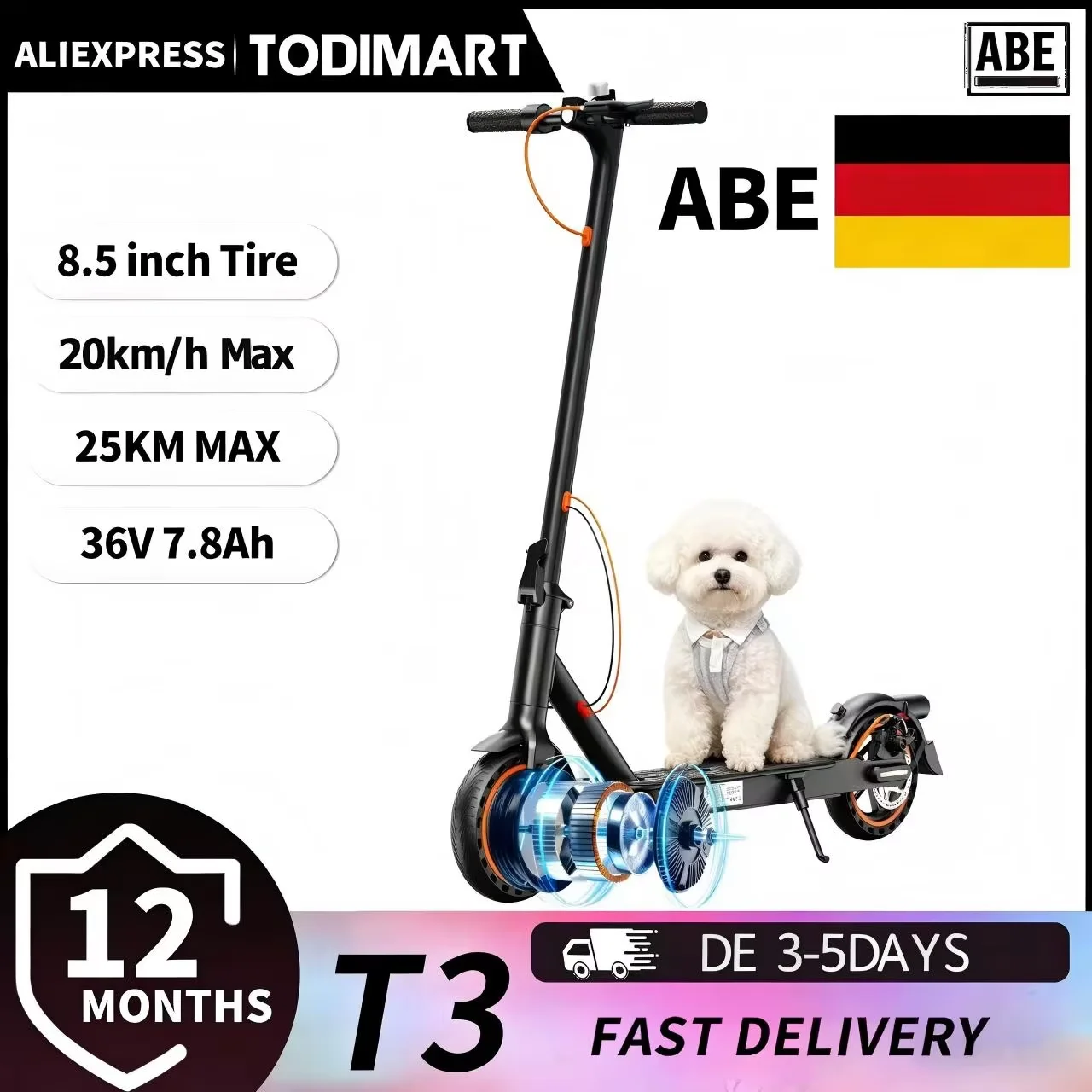 Patinete eléctrico Todimart T3 ABE para adultos, 36V 7.8AH,25-35KM, neumáticos de panal de 8.5 pulgadas, patinete eléctrico urbano
