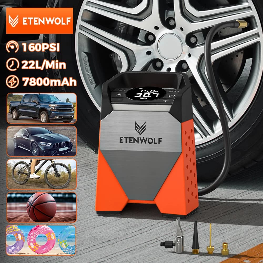 ETENWOLF ZEPHYR S3C Compresor de aire portátil 100% Inflador de neumáticos de automóvil de ciclo de trabajo 7800 mAh para automóviles, motocicletas, bicicletas Pelotas
