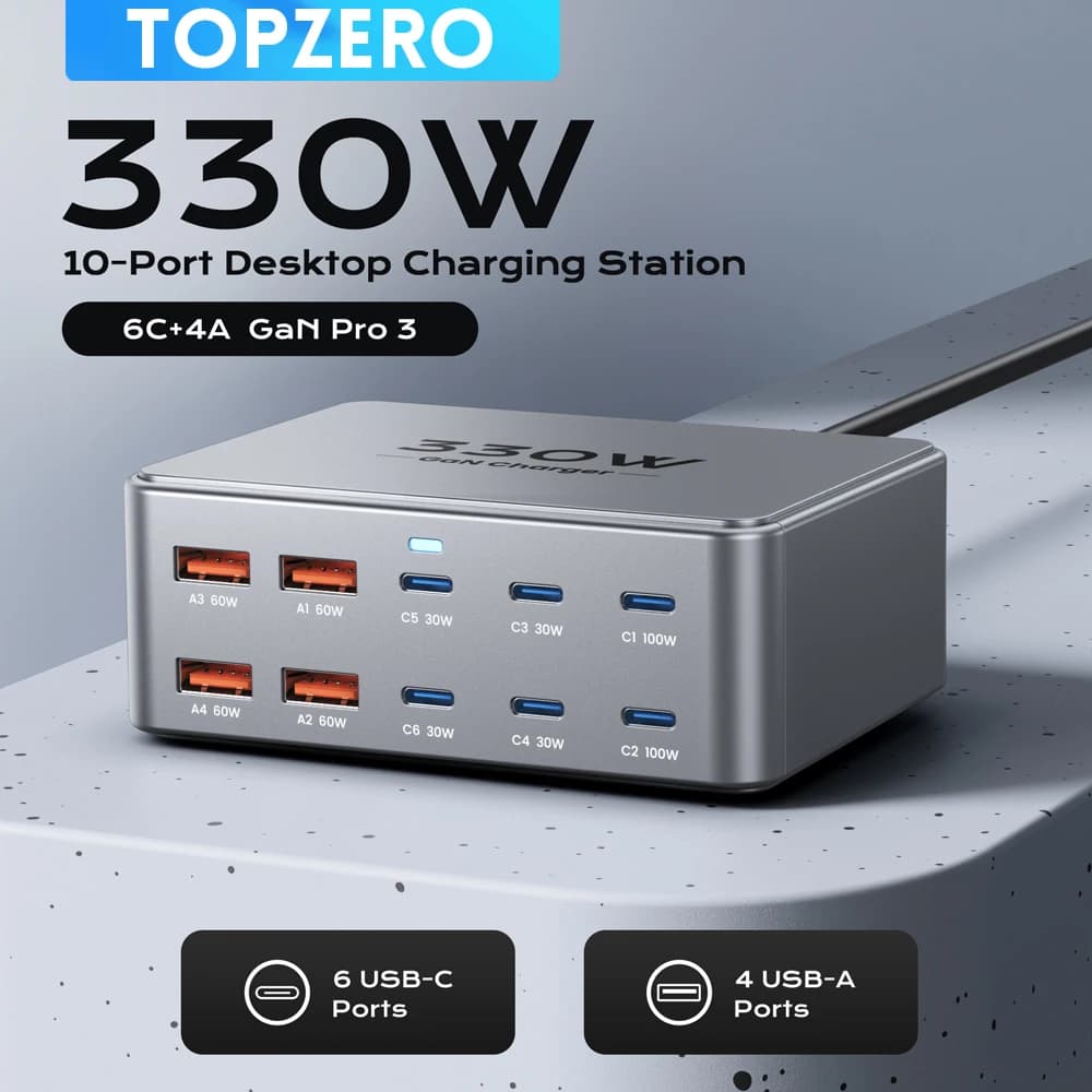 Cargador USB C GaN de 330W, estación de carga rápida multipuerto de 100W PD3.0 PPS QC3.0 para ordenador portátil iPhone 15 16, Samsung Macbook Pro Tablet