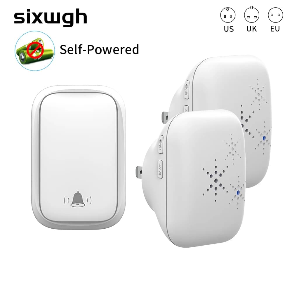 Timbre inalámbrico con enchufe para EE. UU., UE, Reino Unido, autoalimentado, resistente al agua, timbre de puerta para exteriores, timbre de puerta de bienvenida para el hogar