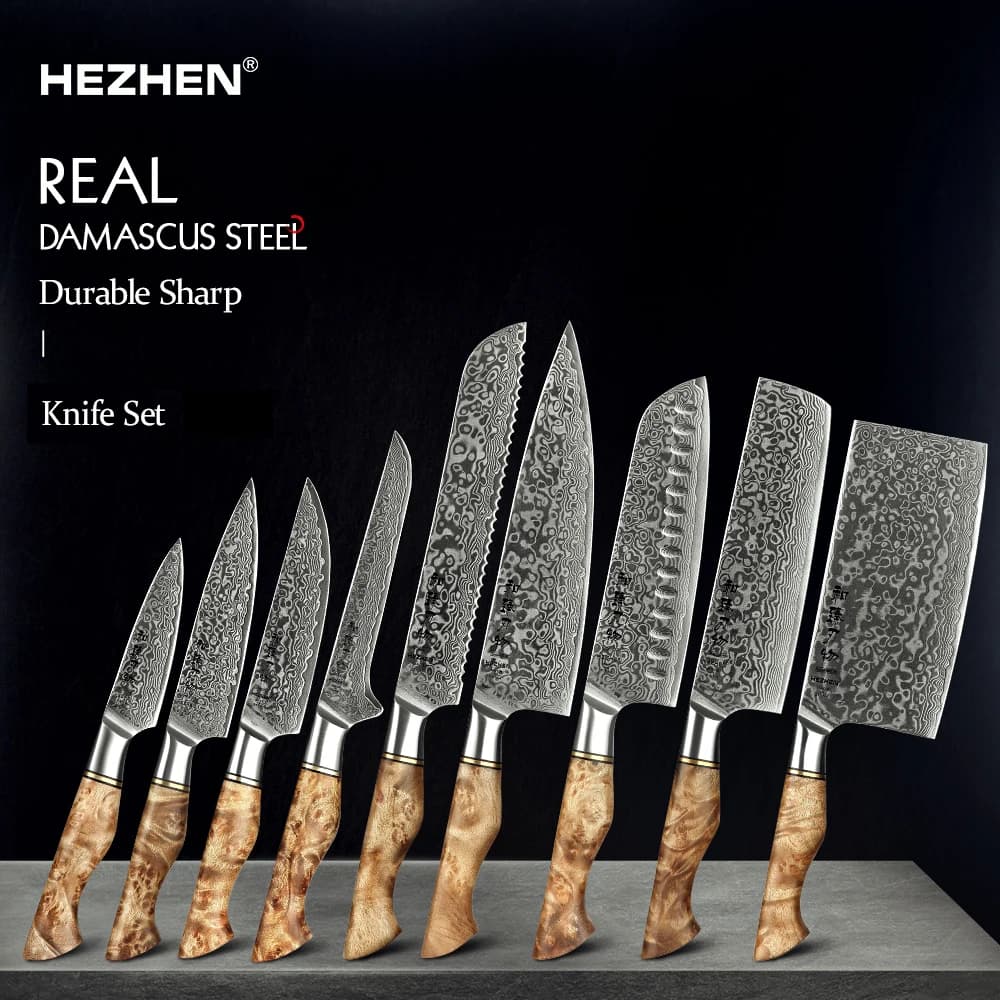 Juego de cuchillos de cocina HEZHEN, 1-7 piezas, cuchillos de acero damasco, cuchillo de Chef, accesorios de cocina, cuchillos de Chef profesionales, herramientas de cocina