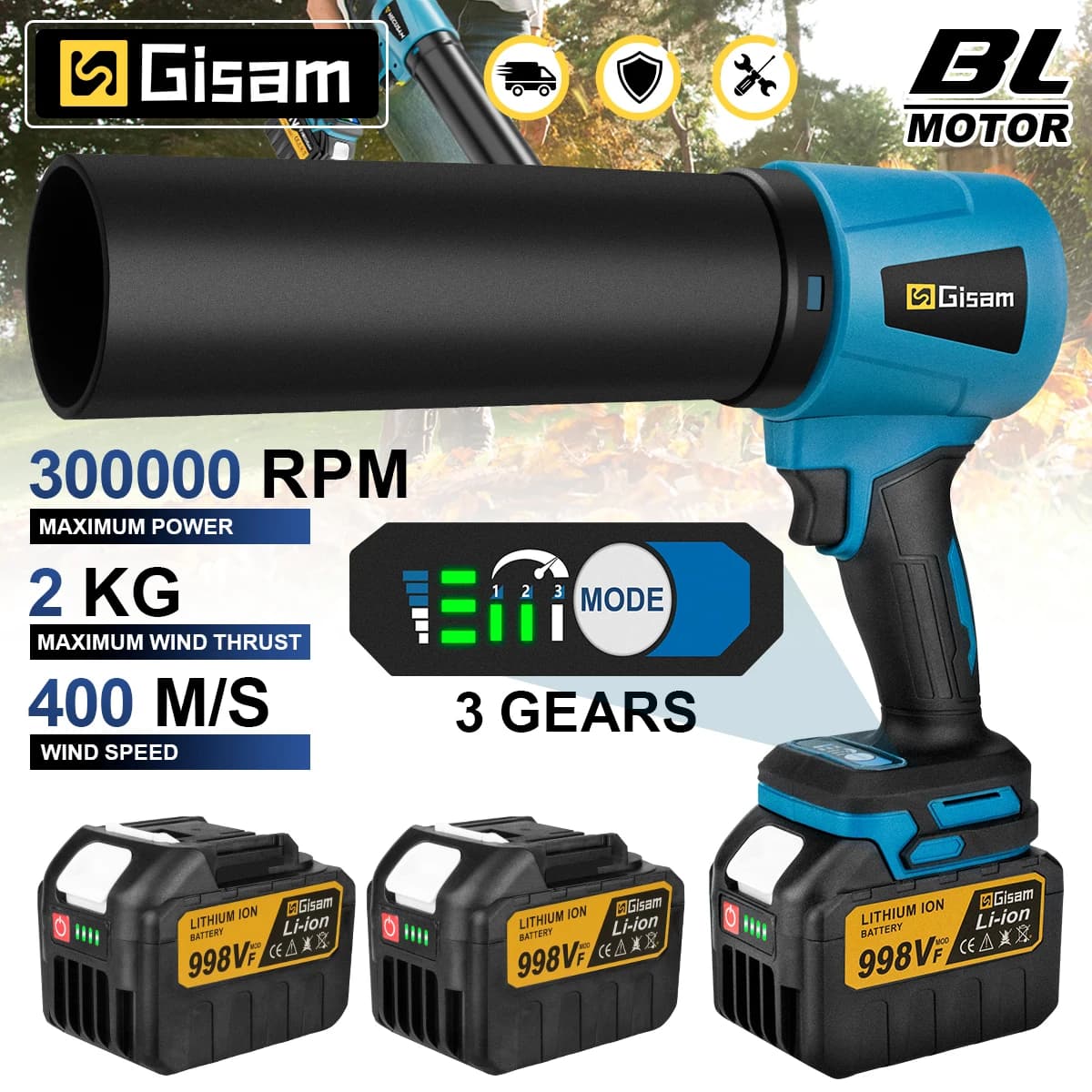 Gismis-ventilador Turbo eléctrico sin escobillas, 3000W, 400M/S, 300000RPM, herramienta de soplado de polvo de hojas de mano para Pin de batería Makita de 18V