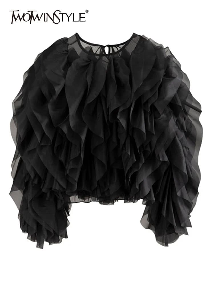 TWOTWINSTYLE, camisa Vintage con volantes de retales para mujer, blusa elegante lisa de manga larga con cuello redondo y farol, moda femenina, nuevo estilo