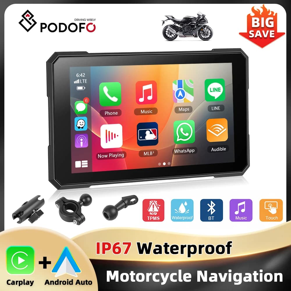 Podofo Reproductor de Pantalla Inteligente de 5'' con Pantalla Táctil para Motocicleta, Carplay, Android Auto, IP67 Resistente al Agua, Bluetooth, GPS, Ajuste de Brillo