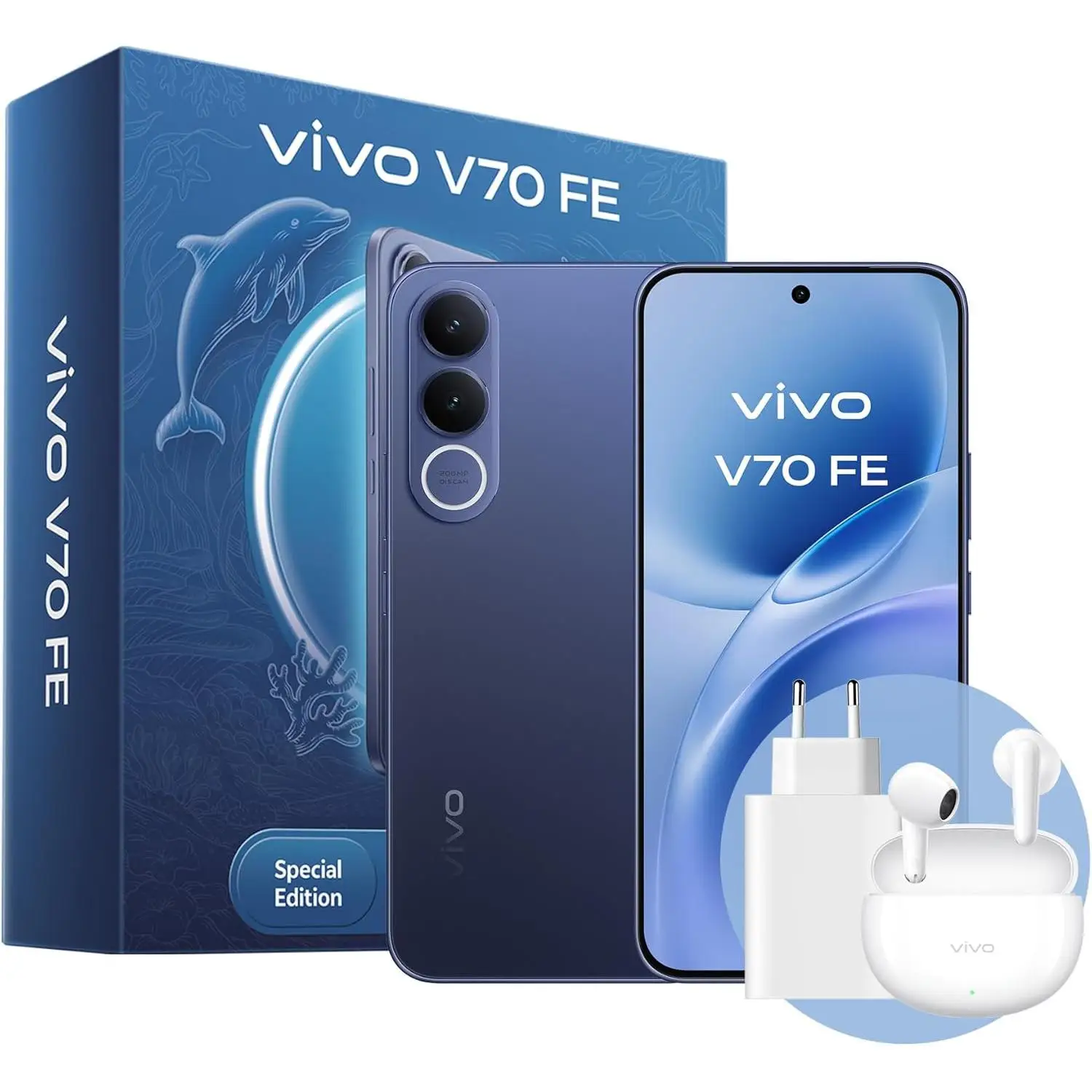 Teléfono – vivo V70 FE 5G Bundle, 8GB+256GB, Cámara de 200MP con OIS, Batería 7000mAh y Carga 90W, Pantalla 1.5K AMOLED 120Hz, IP68/IP69, eSIM, 5 años de actualizaciones, Incluye:: Auriculares Buds Air3 + Cargador 90W
