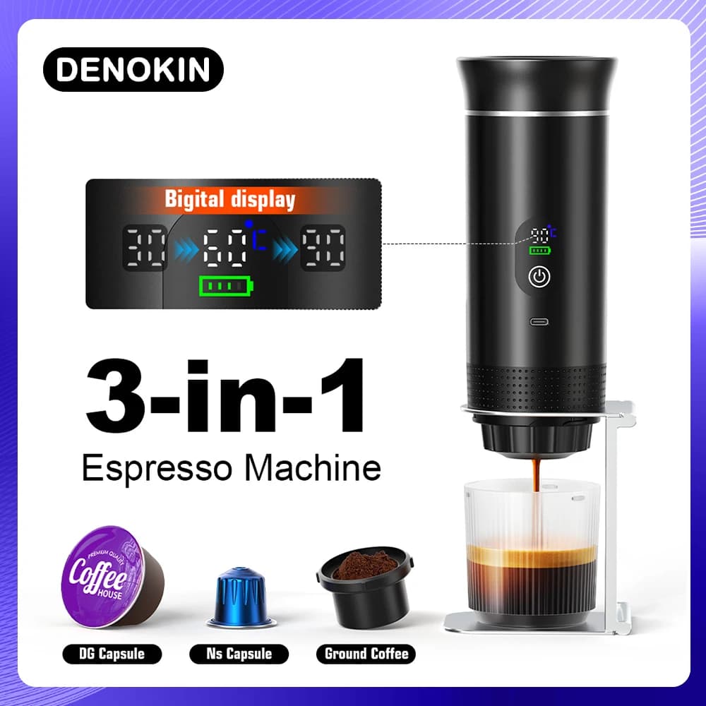Cafetera eléctrica portátil inalámbrica DENOKIN para coche y camping, con depósito de agua de 80 ml, pantalla digital, 3 en 1, para cápsulas de café en polvo y viajes.