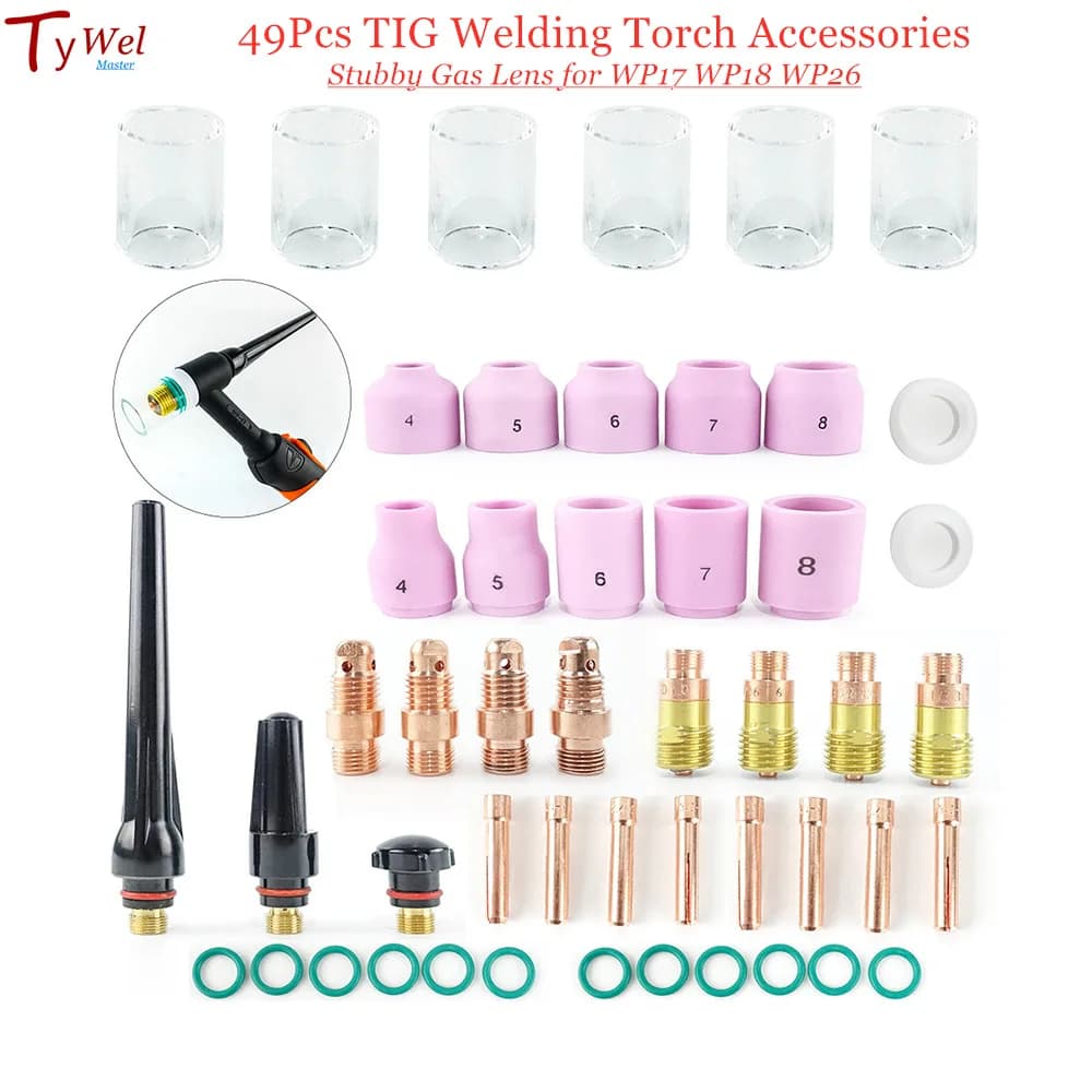 Soplete de soldadura TIG de 49 piezas, lente de Gas rechoncho para WP17, WP18, WP26, Kit de repuestos de taza de vidrio, accesorios prácticos duraderos