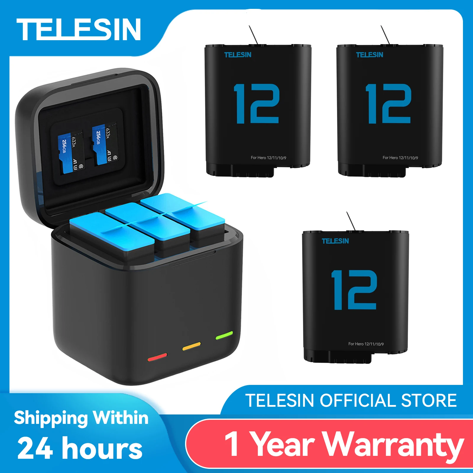Batería TELESIN para GoPro Hero 12 11 10 9, batería de 1750 MAh, caja de carga rápida de 3 vías, almacenamiento de tarjetas TF para accesorios GoPro Hero