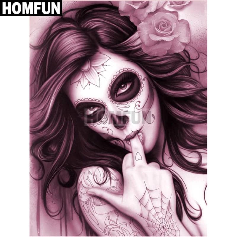 HOMFUN-pintura de diamante 5D DIY "Chica calavera", punto de cruz, decoración del hogar, imagen de diamantes de imitación hecha a mano, A02283